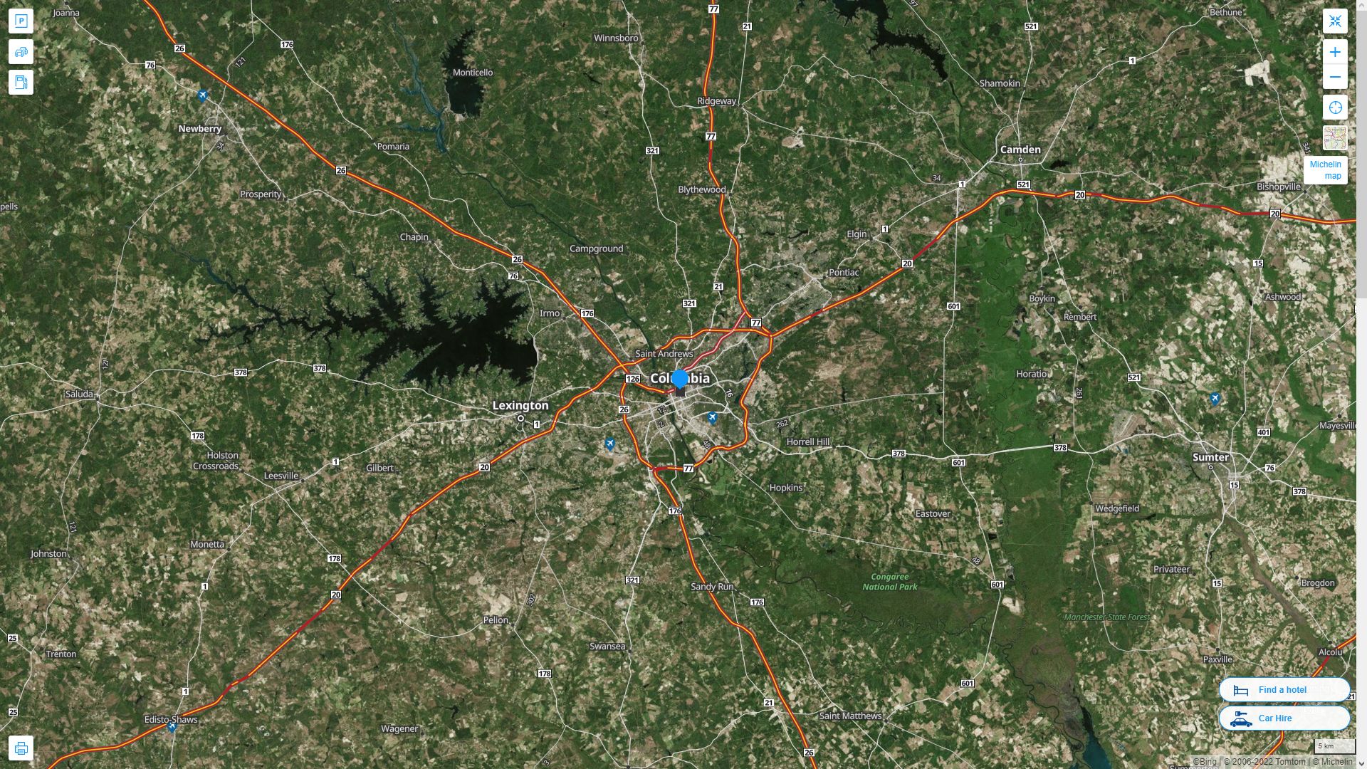 Columbia South Carolina Highway and Road Map with Satellite View